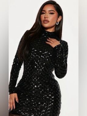 Fashion Nova Black Sequin Quilted Pattern Long Sleeve Mock Cocktail Mini Dress